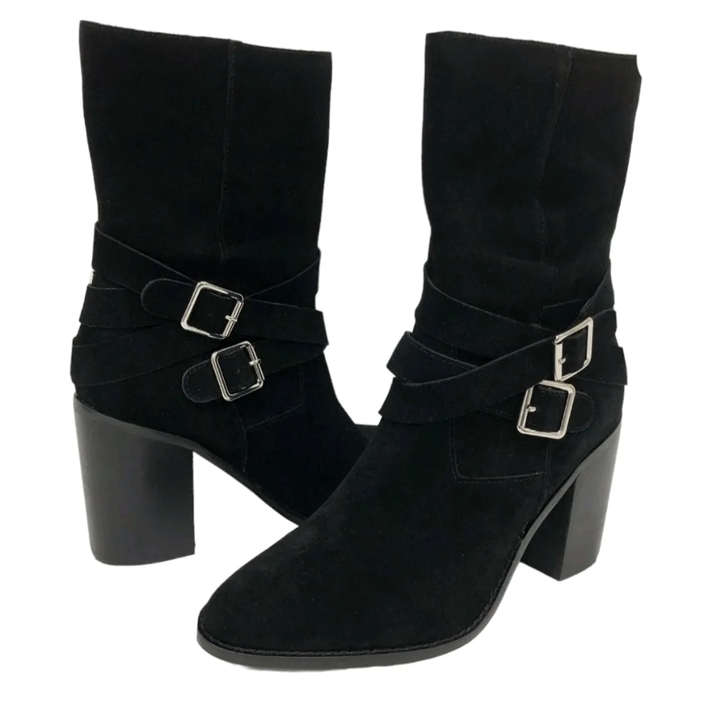 CHELSEA & VIOLET VICKI Black Suede Ankle Boots Sz 7M Buckle Side Zip Stack Heel